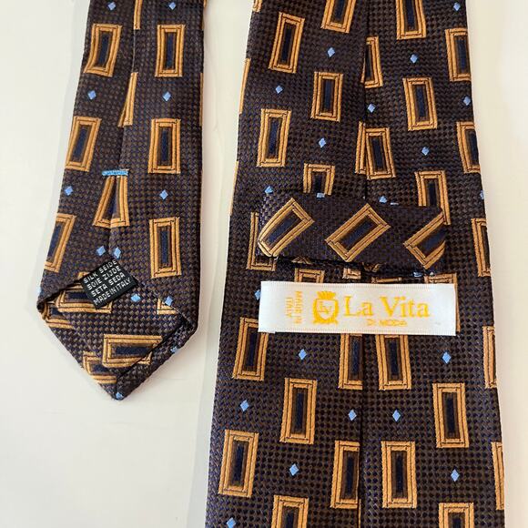 La Vita Di Moda Silk Necktie Brown Gold Blue Italy - Picture 2 of 8